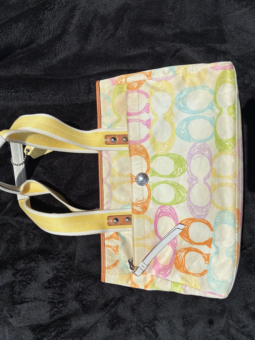 Coach Pastel Multicolor Signature Tote with Yellow Straps